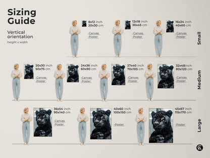 Sizing guide for the vertical black panther artwork. Available in small medium and large sizes. Perfect for canvas and poster prints. Find the ideal dimensions to showcase this wildlife portrait beautifully in your space.