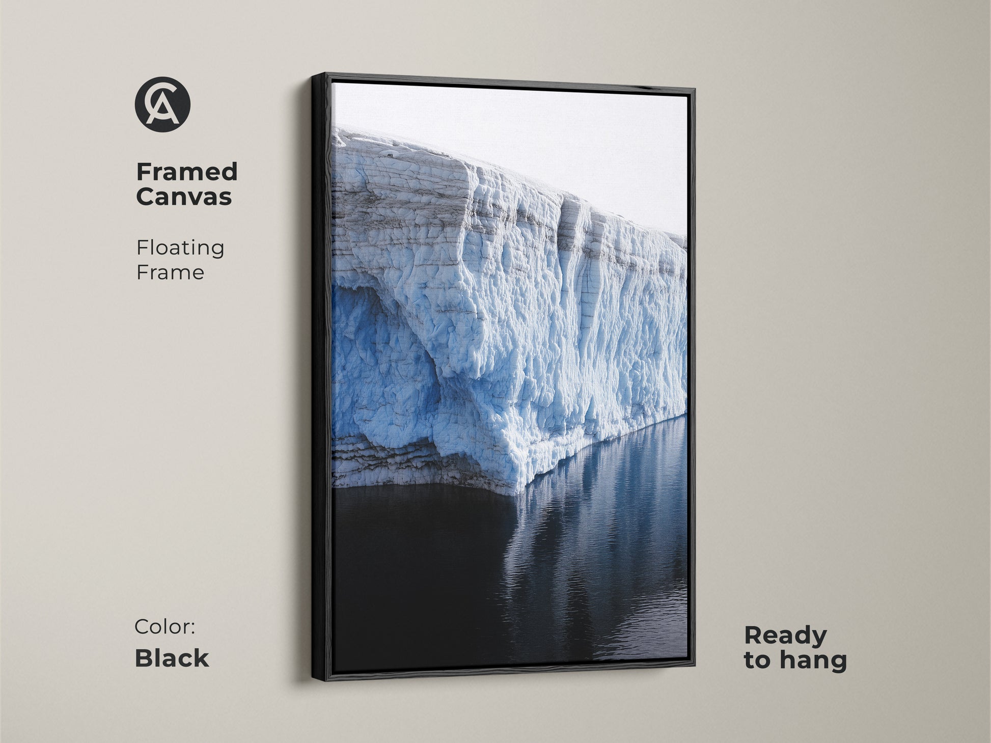 Black framed canvas with a floating frame. The ice blue glacier is an arctic landscape wall decor. Minimalist nature photography print. Modern home decor art is ready to hang.