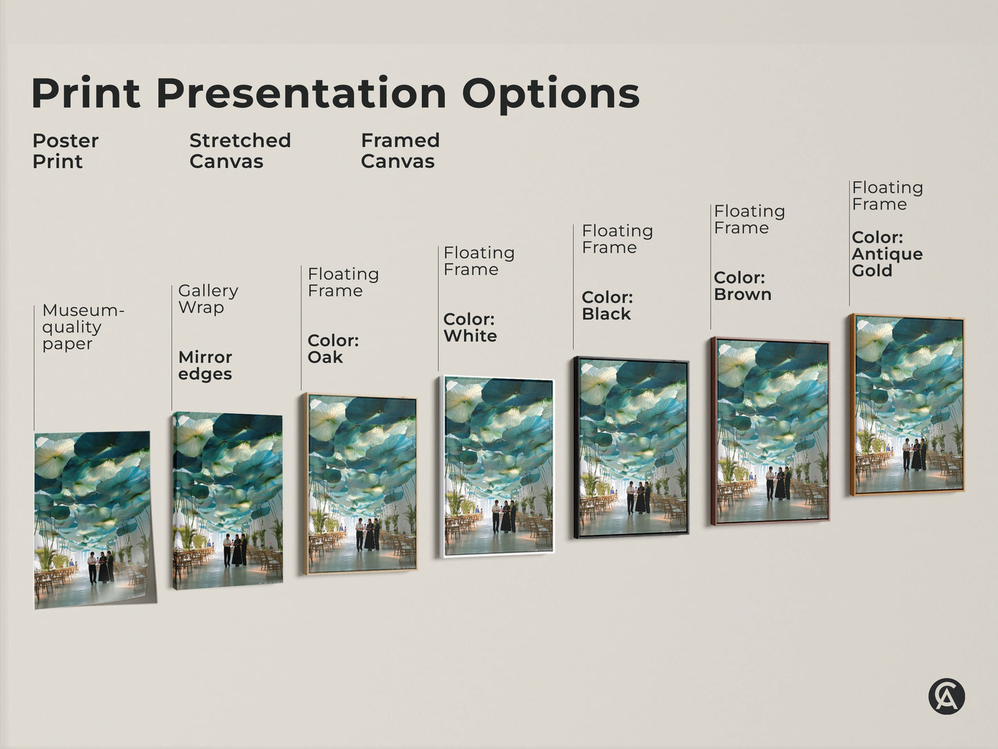 Explore print presentation options for botanical artwork. Choose from poster prints stretched canvas or framed canvas. Discover museum quality paper gallery wrap and floating frame styles. Find the perfect art for your space.