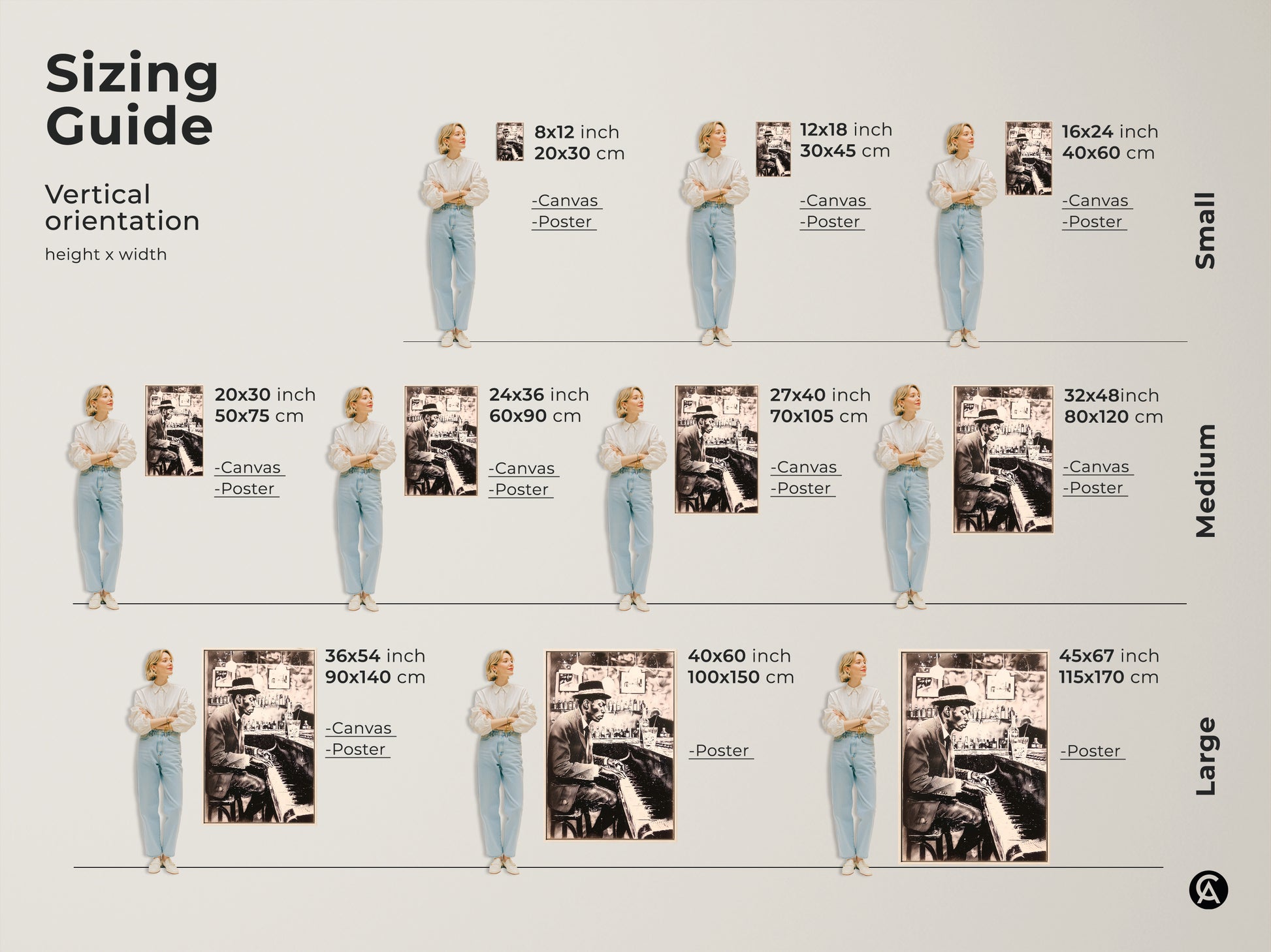 Discover the perfect size for your piano art print with our vertical orientation sizing guide. Choose from small medium or large sizes in both canvas and poster options. Find the ideal fit for your space and style. Enhance your home decor with this captivating musical artwork.