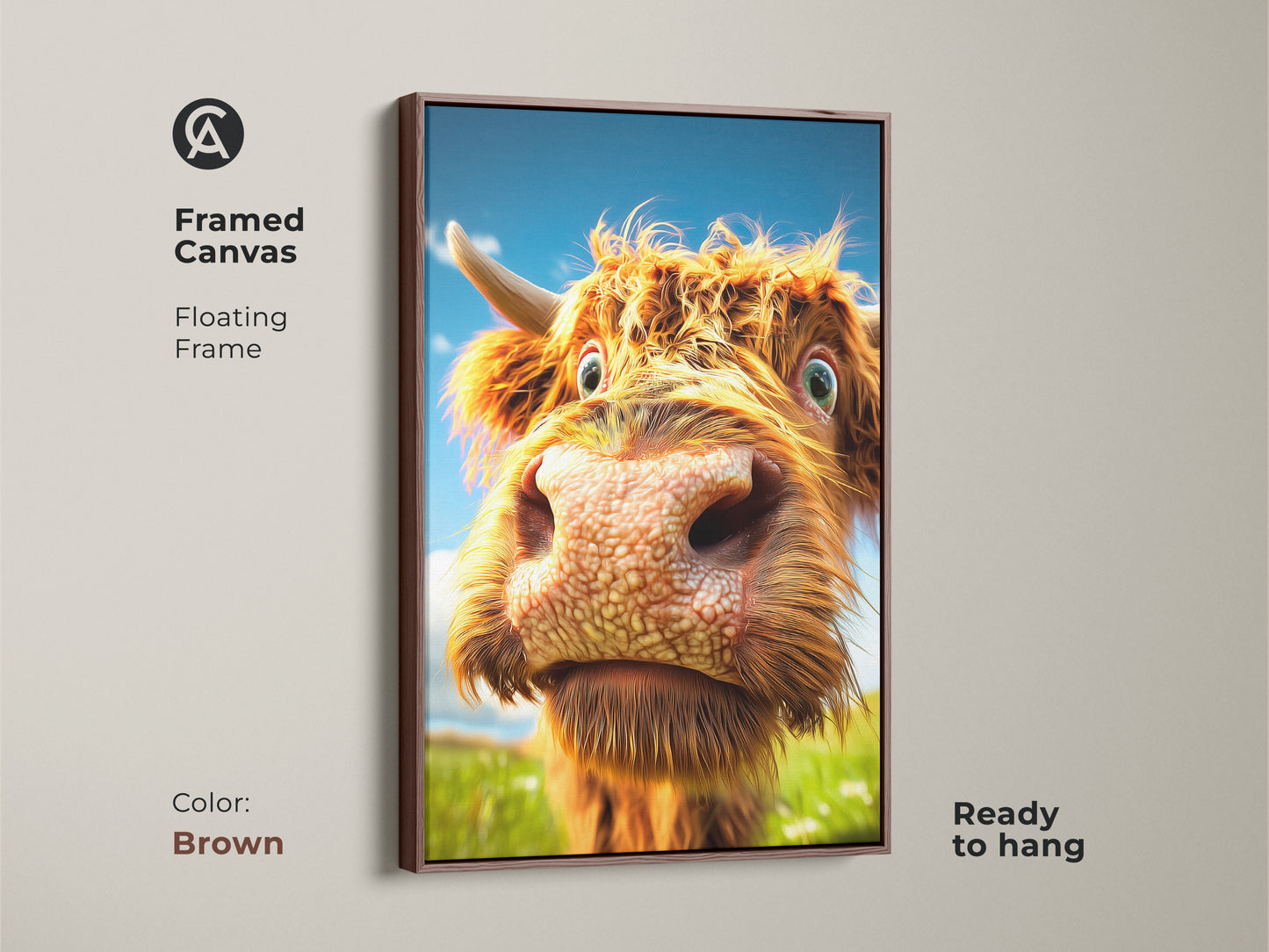 Framed canvas art featuring a Highland Cow. Ready to hang with a brown floating frame. This orange brown cattle painting would be perfect as rustic entryway art.