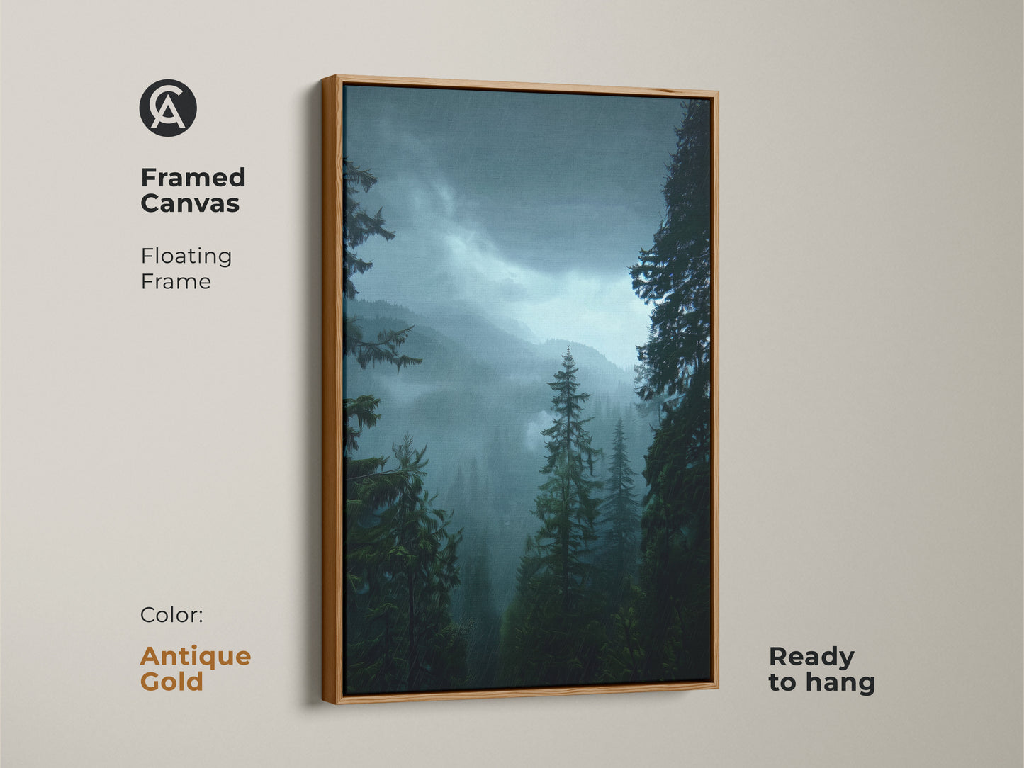 Framed canvas print of a misty mountain scene with an antique gold frame. This pine tree forest artwork adds elegance to your walls. The deep green nature art is ready to hang. Perfect for a serene rustic bedroom decor.