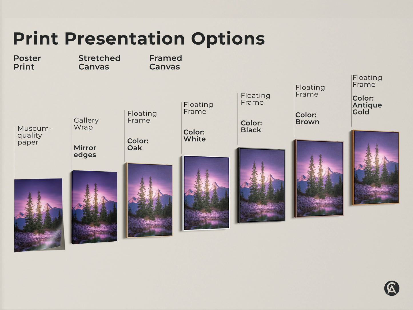 Print presentation options for mountain landscape canvas art. See poster prints stretched canvas and framed canvas. Choose from floating frame colors like black brown white and antique gold.