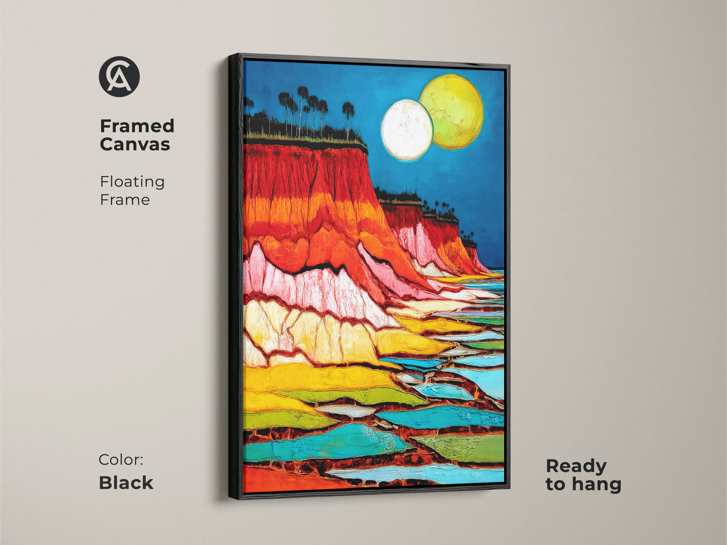 Framed abstract cliff art print features a vibrant moon over a landscape canvas. Ready to hang with a black floating frame. The crimson and azure tones make a bold statement. This artwork offers eclectic travel decor. Perfect as a housewarming gift the nature abstract print adds artful allure.