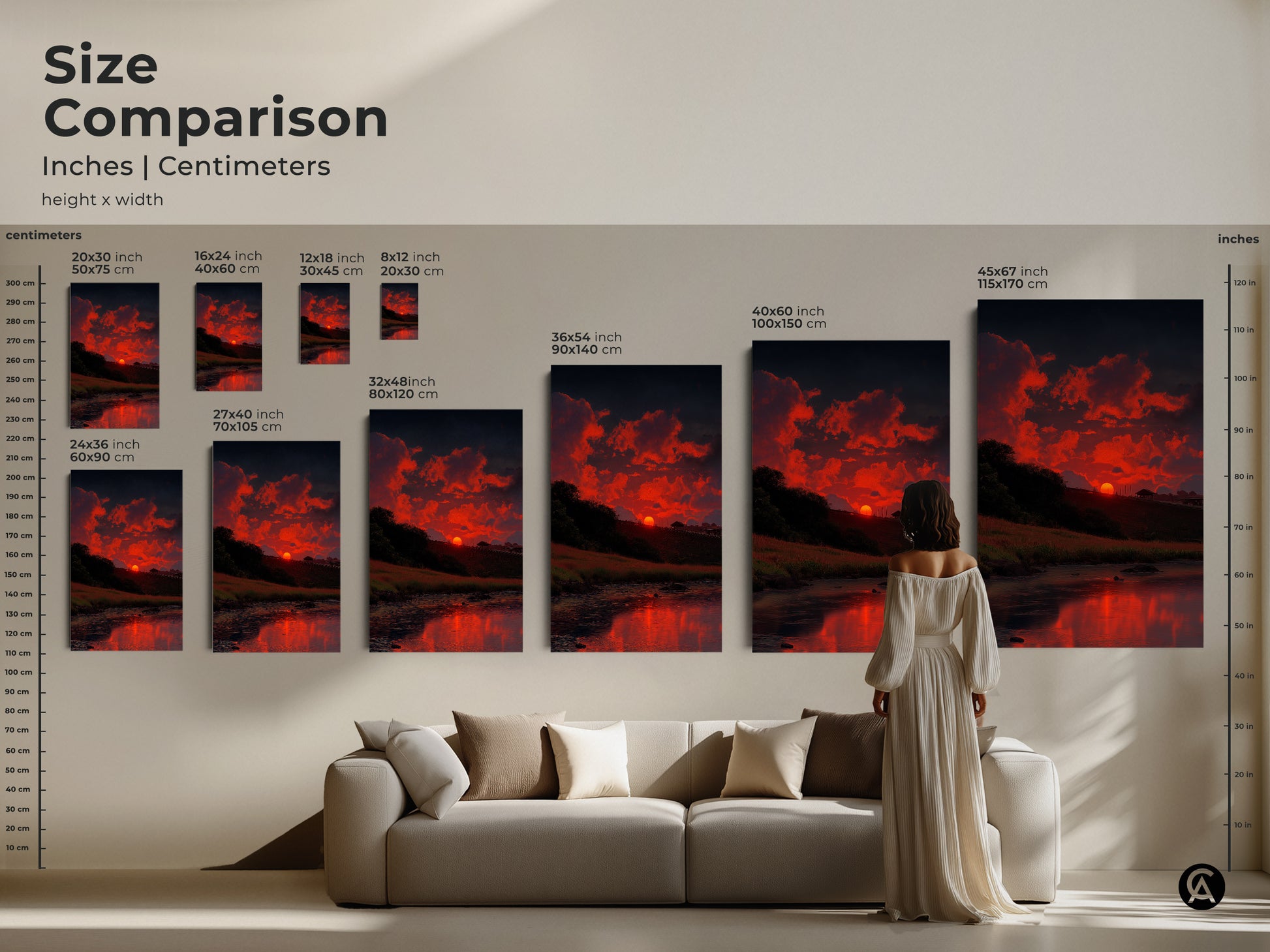 Compare sizes of this impressionistic sunset canvas art in inches and centimeters. See the fiery orange clouds and dark blue sky in various dimensions. Visualize how this nature wall decor fits above a sofa. Options include canvas and poster prints for any space. A striking piece of scenic artwork to enhance your home.