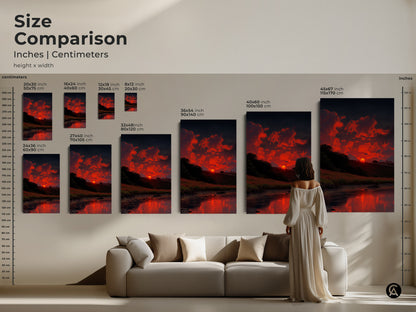 Compare sizes of this impressionistic sunset canvas art in inches and centimeters. See the fiery orange clouds and dark blue sky in various dimensions. Visualize how this nature wall decor fits above a sofa. Options include canvas and poster prints for any space. A striking piece of scenic artwork to enhance your home.