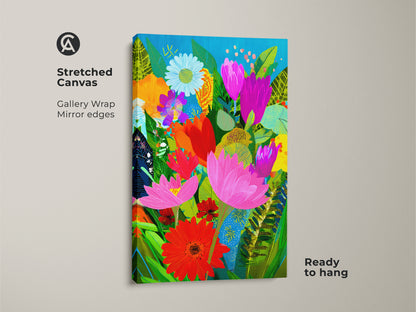 Stretched canvas of abstract floral wall art. This botanical art print showcases boho home decor at its finest. The colorful flower art is a modern folk art masterpiece. It's ready to hang and is a perfect plant lover gift with gallery wrapped mirror edges.