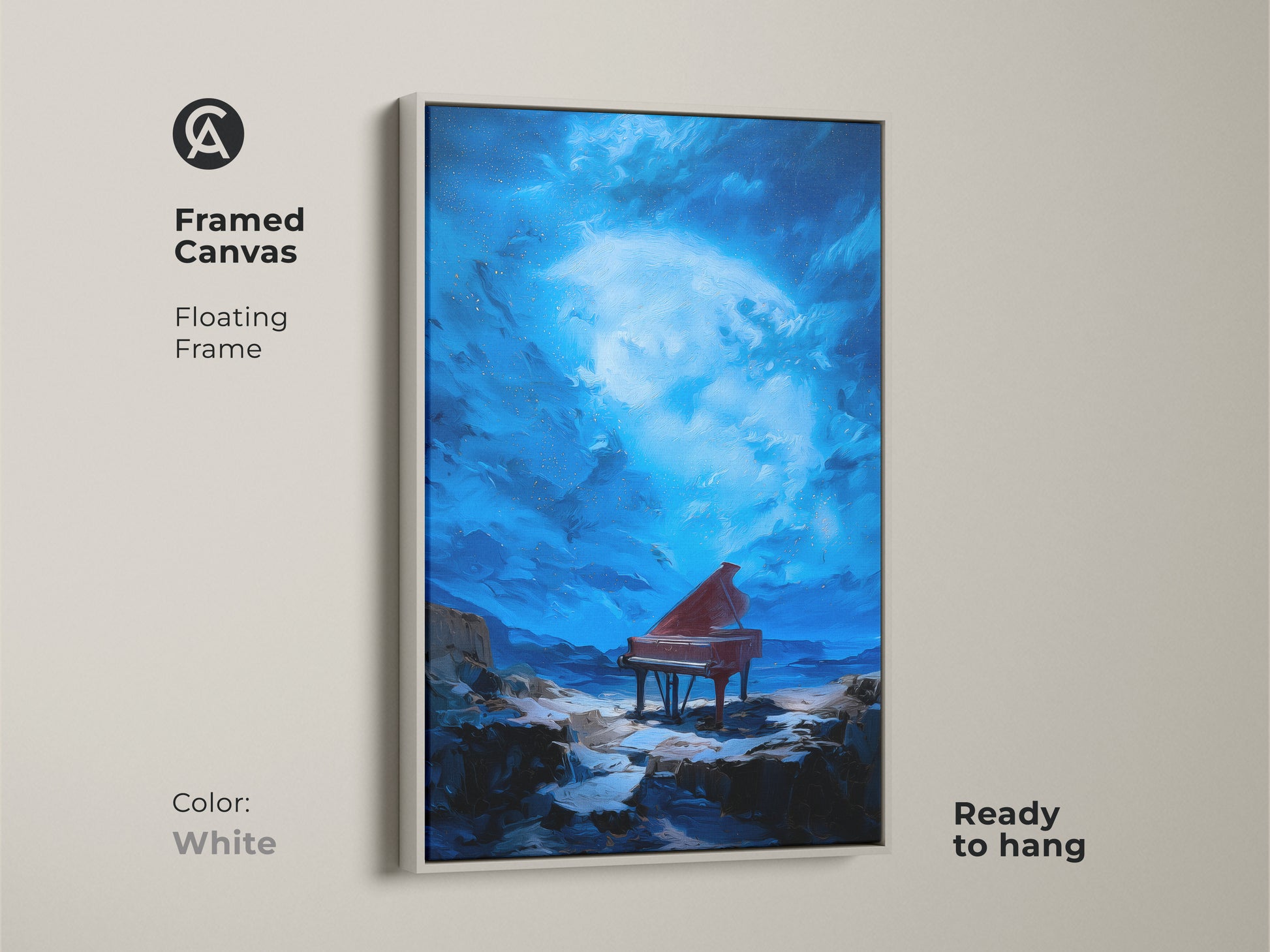 This framed canvas art presents a surreal grand piano landscape. The floating frame is in a clean white color. It's ready to hang and complements any interior. The artwork features a dreamy sky and a rocky landscape. The crimson red piano contrasts with the midnight blue background. This is an artistic wall decor.