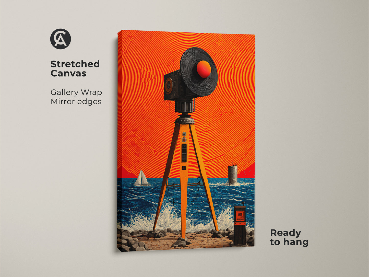 This stretched canvas art features retro futurism. The surreal seascape includes a vintage surveying equipment motif. A sailboat glides on the water. Perfect as coastal wall art. Ready to hang mirror edge adds intrigue to any room.