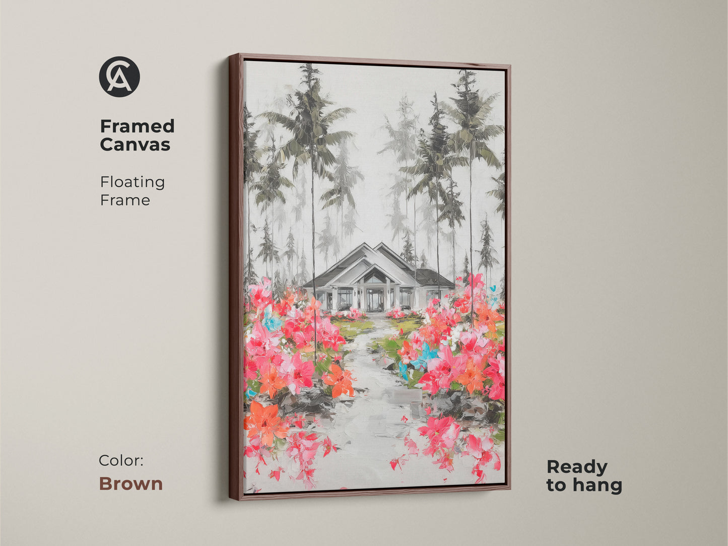 Framed in brown this canvas art print features a picturesque house among pine trees. A path of pink and orange flowers makes it more inviting. Ready to hang this floating frame artwork enhances any space. This nature-inspired wall decor suits a modern farmhouse style.