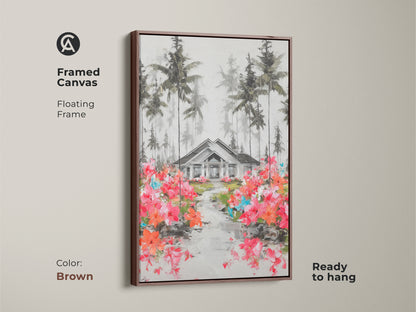 Framed in brown this canvas art print features a picturesque house among pine trees. A path of pink and orange flowers makes it more inviting. Ready to hang this floating frame artwork enhances any space. This nature-inspired wall decor suits a modern farmhouse style.