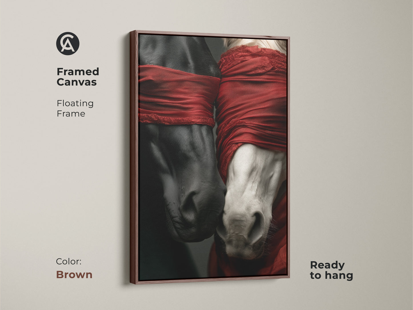 Framed canvas presenting a surreal horse artwork with a floating frame in brown. This modern horse art features a black and white horse. A vivid red fabric adds a striking contrast. Ready to hang for easy display.