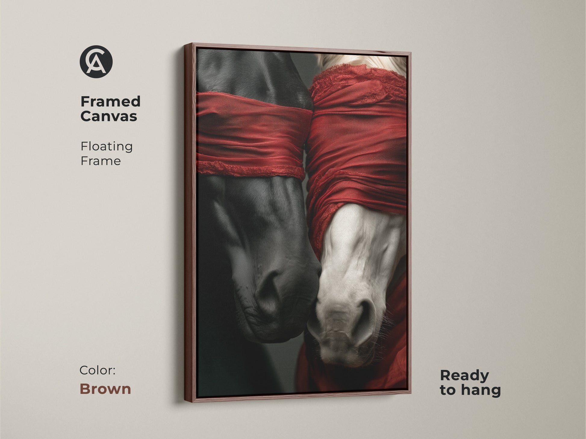 Framed canvas presenting a surreal horse artwork with a floating frame in brown. This modern horse art features a black and white horse. A vivid red fabric adds a striking contrast. Ready to hang for easy display.