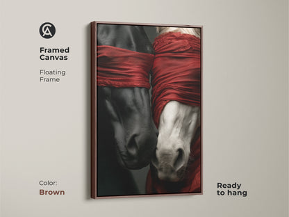 Framed canvas presenting a surreal horse artwork with a floating frame in brown. This modern horse art features a black and white horse. A vivid red fabric adds a striking contrast. Ready to hang for easy display.