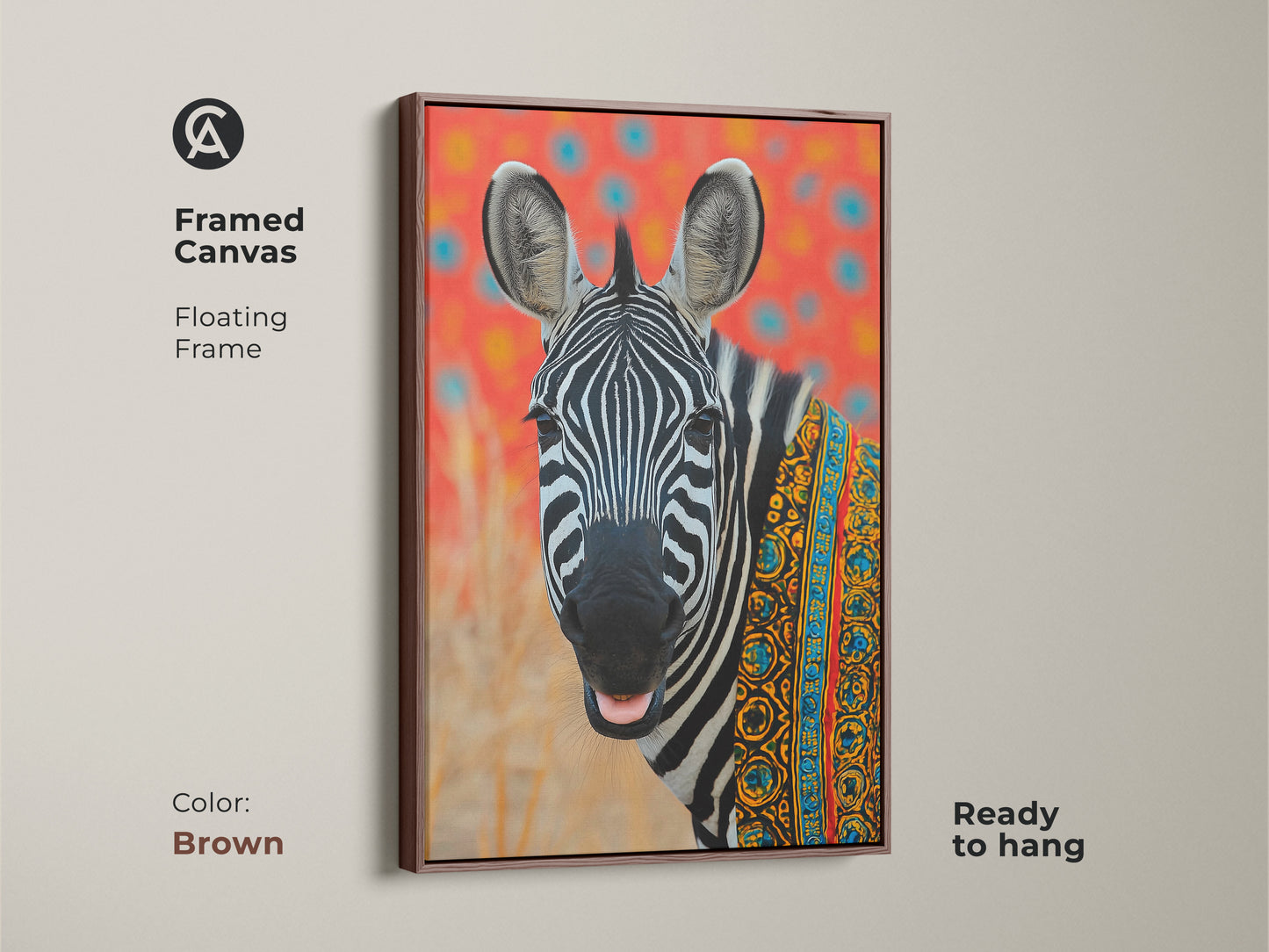 Framed canvas showcasing tribal zebra art. Brown floating frame complements modern folk art. This boho animal print displays African patterns. Ready to hang. Perfect eclectic animal art for any living space. A colorful zebra painting as a gift.