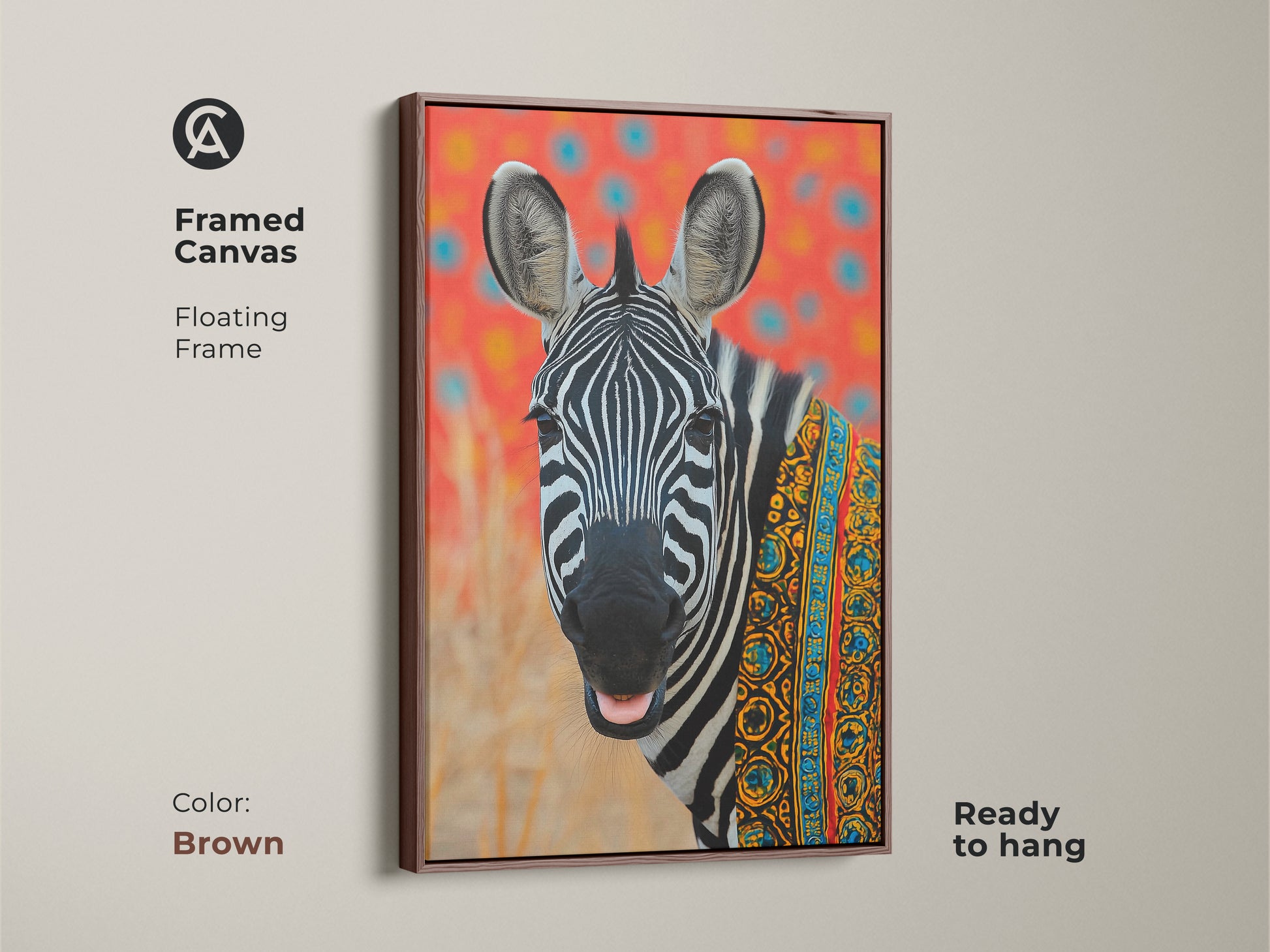 Framed canvas showcasing tribal zebra art. Brown floating frame complements modern folk art. This boho animal print displays African patterns. Ready to hang. Perfect eclectic animal art for any living space. A colorful zebra painting as a gift.
