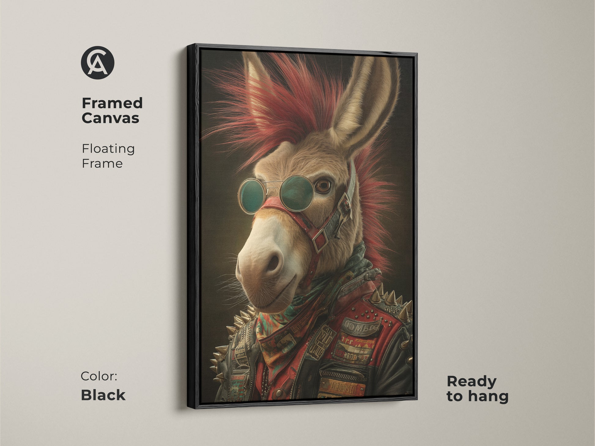 Framed canvas punk rock donkey art in a black floating frame. The edgy animal portrait makes a unique music gift idea. Featuring a donkey with a red mohawk & leather jacket. This cool office wall decor is ready to hang.