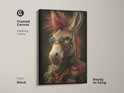 Framed canvas punk rock donkey art in a black floating frame. The edgy animal portrait makes a unique music gift idea. Featuring a donkey with a red mohawk & leather jacket. This cool office wall decor is ready to hang.