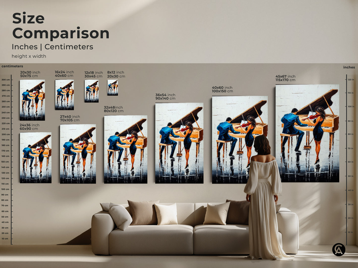 Compare sizes of the abstract piano art in inches and centimeters. Options range from small to large. The artwork displays sizes relative to furniture. Find the perfect fit for your living space with this piece.