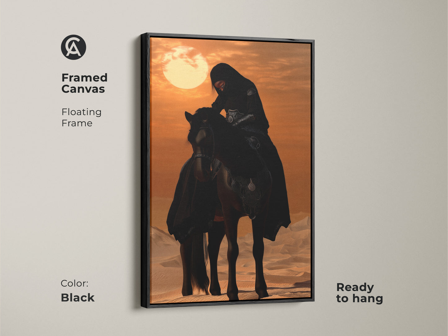 Framed desert art featuring a Desert Rider on an Arabian Horse. It is set against a warm desert sunset. The premium canvas print offers rich detail. This is a compelling narrative for living rooms. Ready to hang framed canvas in Black color.