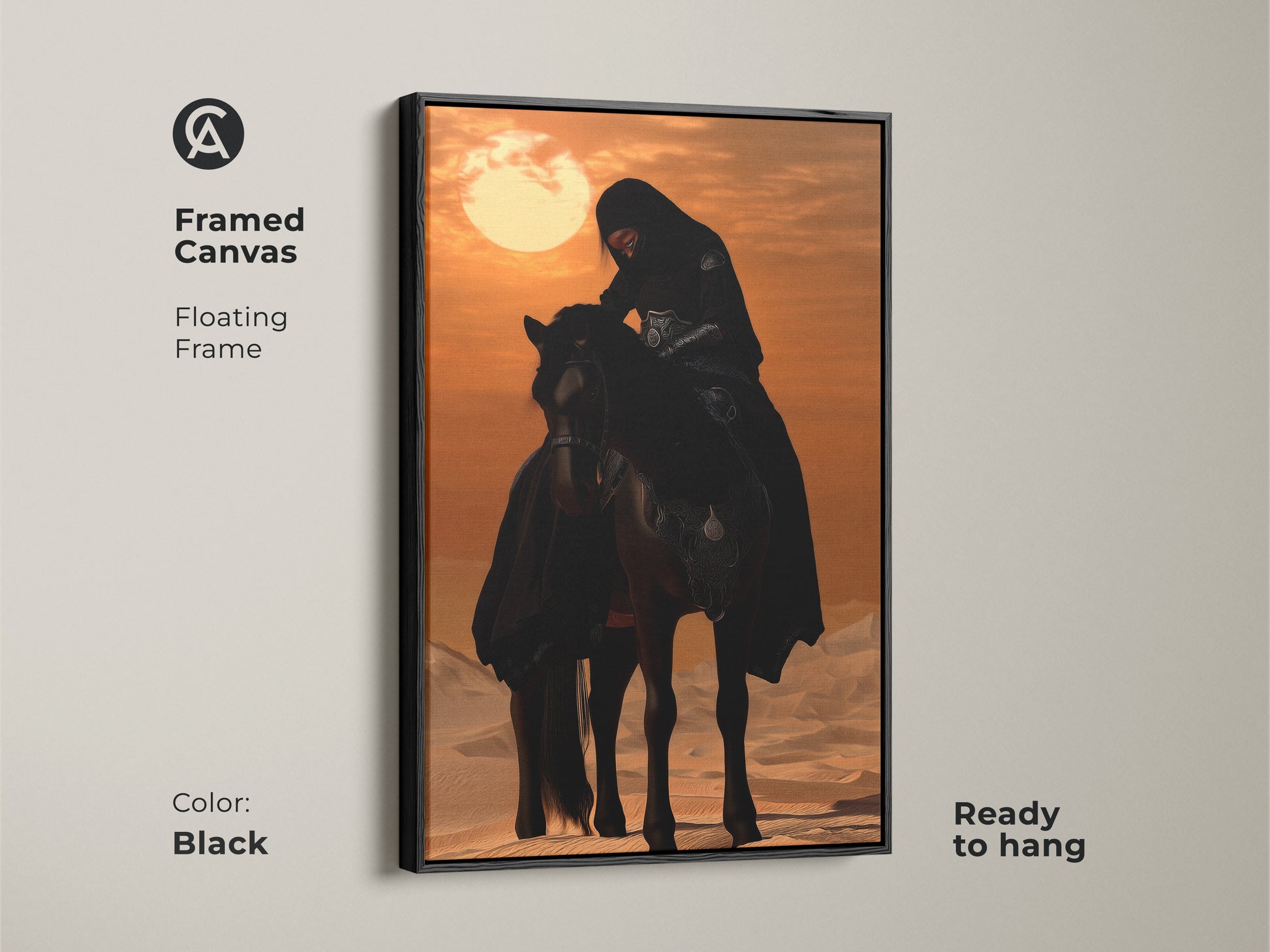 Framed desert art featuring a Desert Rider on an Arabian Horse. It is set against a warm desert sunset. The premium canvas print offers rich detail. This is a compelling narrative for living rooms. Ready to hang framed canvas in Black color.