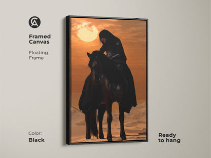 Framed desert art featuring a Desert Rider on an Arabian Horse. It is set against a warm desert sunset. The premium canvas print offers rich detail. This is a compelling narrative for living rooms. Ready to hang framed canvas in Black color.