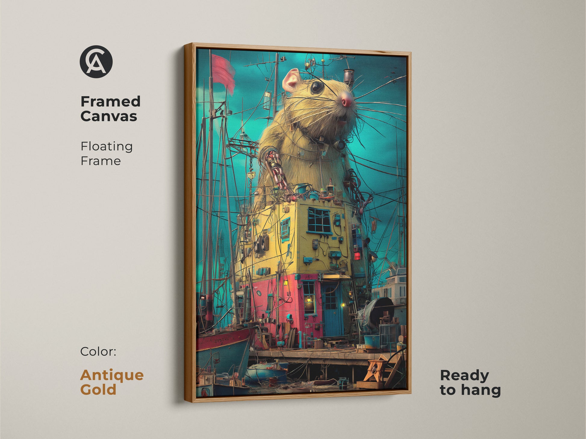 Framed canvas art showing a steampunk rat in a surreal harbor scene. The antique gold floating frame accentuates this unique animal print. Ready to hang. Perfect for art collectors and steampunk fans. It offers a creative twist to eclectic living room decor.