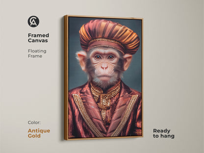 A framed canvas of a regal monkey art print. The surreal portrait features a monkey in an ornate red and gold suit and turban. The floating frame is antique gold. Ready to hang this artwork is eclectic animal wall art. It's an ideal gift for animal lovers and those who appreciate artistic pieces.