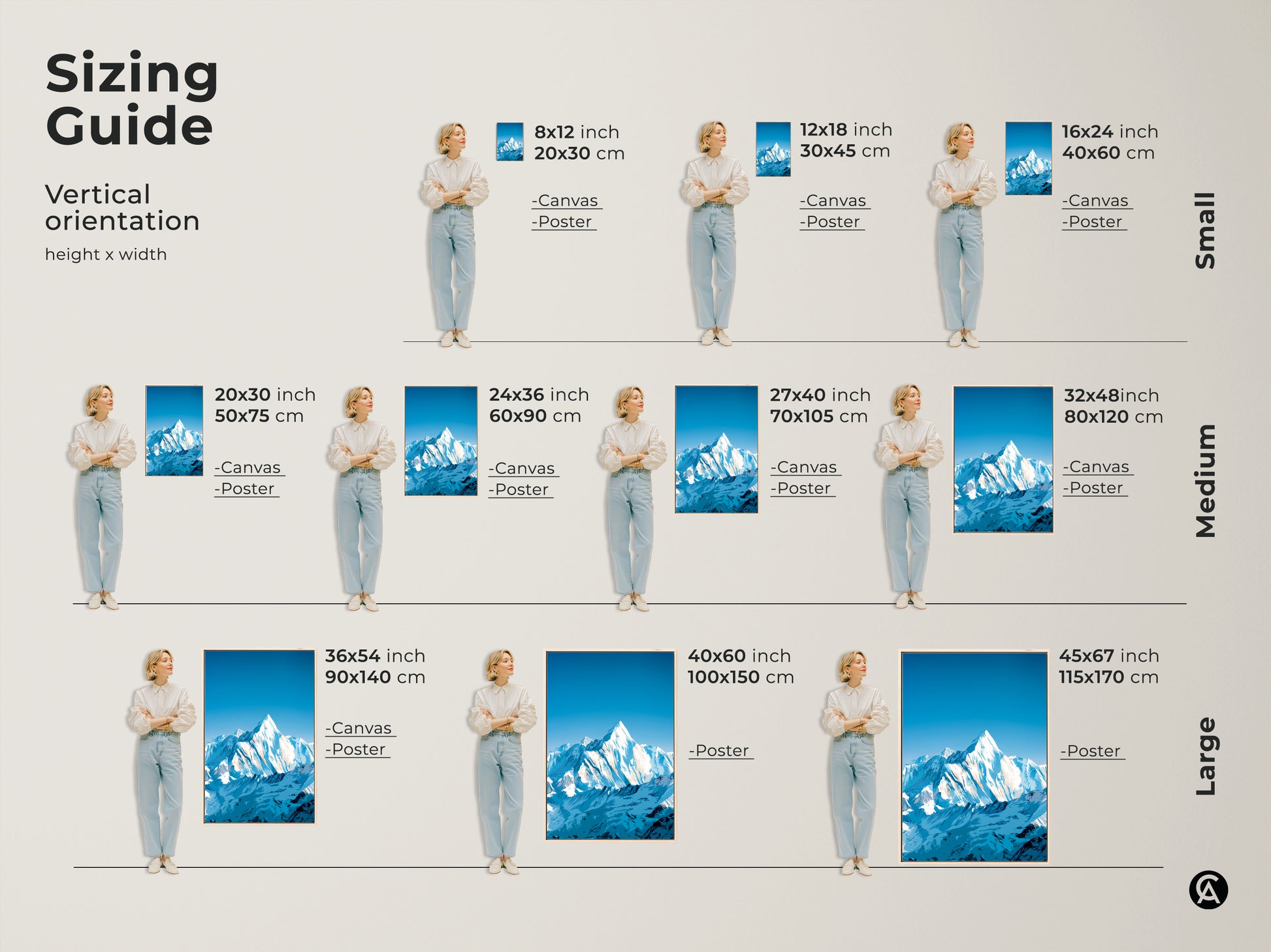 Sizing guide for vertical mountain range art. Visualize canvas and poster sizes from small to large. Find the perfect fit for your space from 8x12 inch to 45x67 inch options.