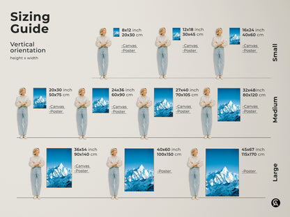 Sizing guide for vertical mountain range art. Visualize canvas and poster sizes from small to large. Find the perfect fit for your space from 8x12 inch to 45x67 inch options.