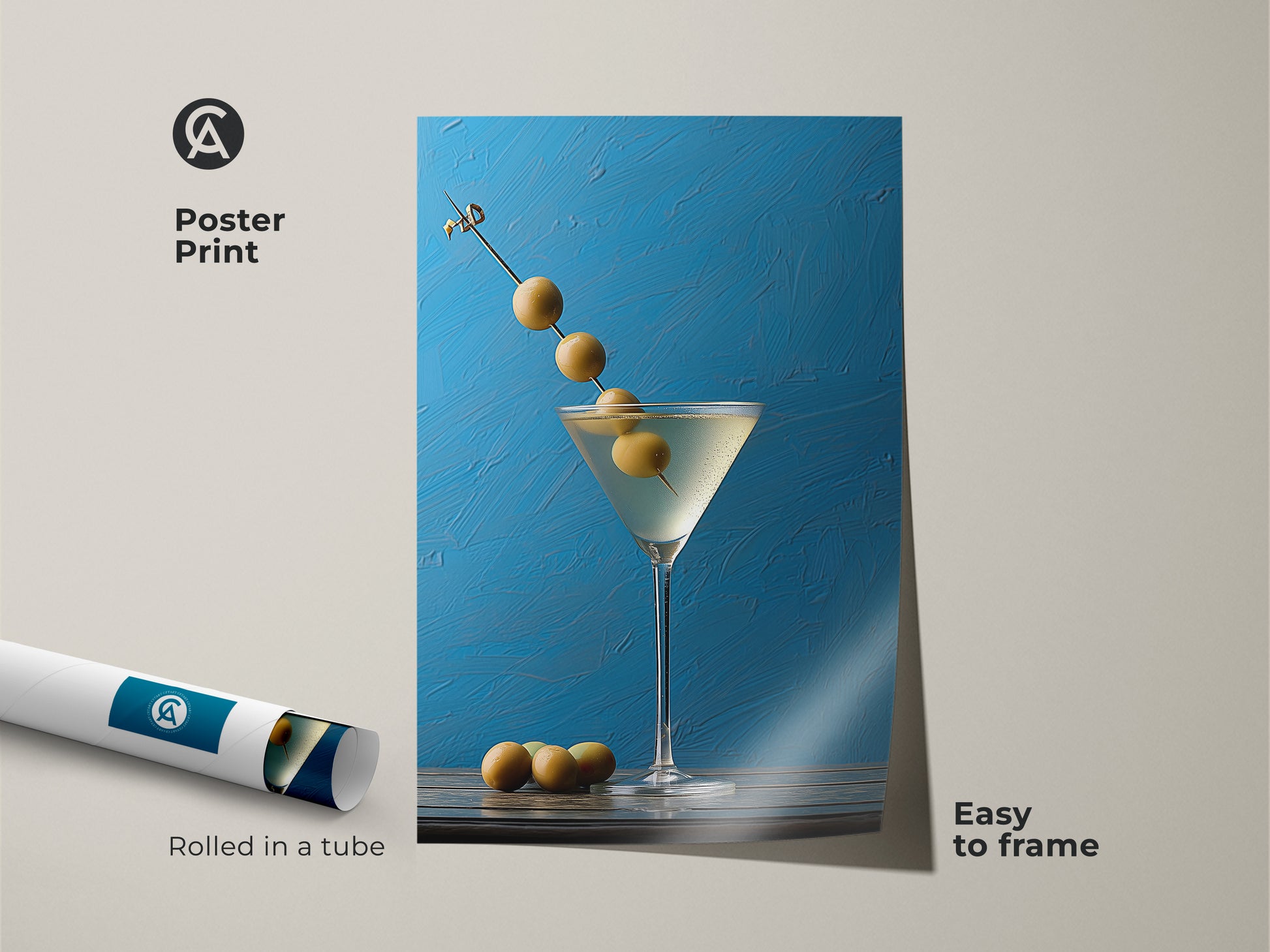 Poster print of a martini glass art print rolled in a tube. This blue kitchen decor is easy to frame. It features a contemporary still life artwork with an azure blue background. Modern bar artwork for home decoration. A unique contemporary gift for art collectors.