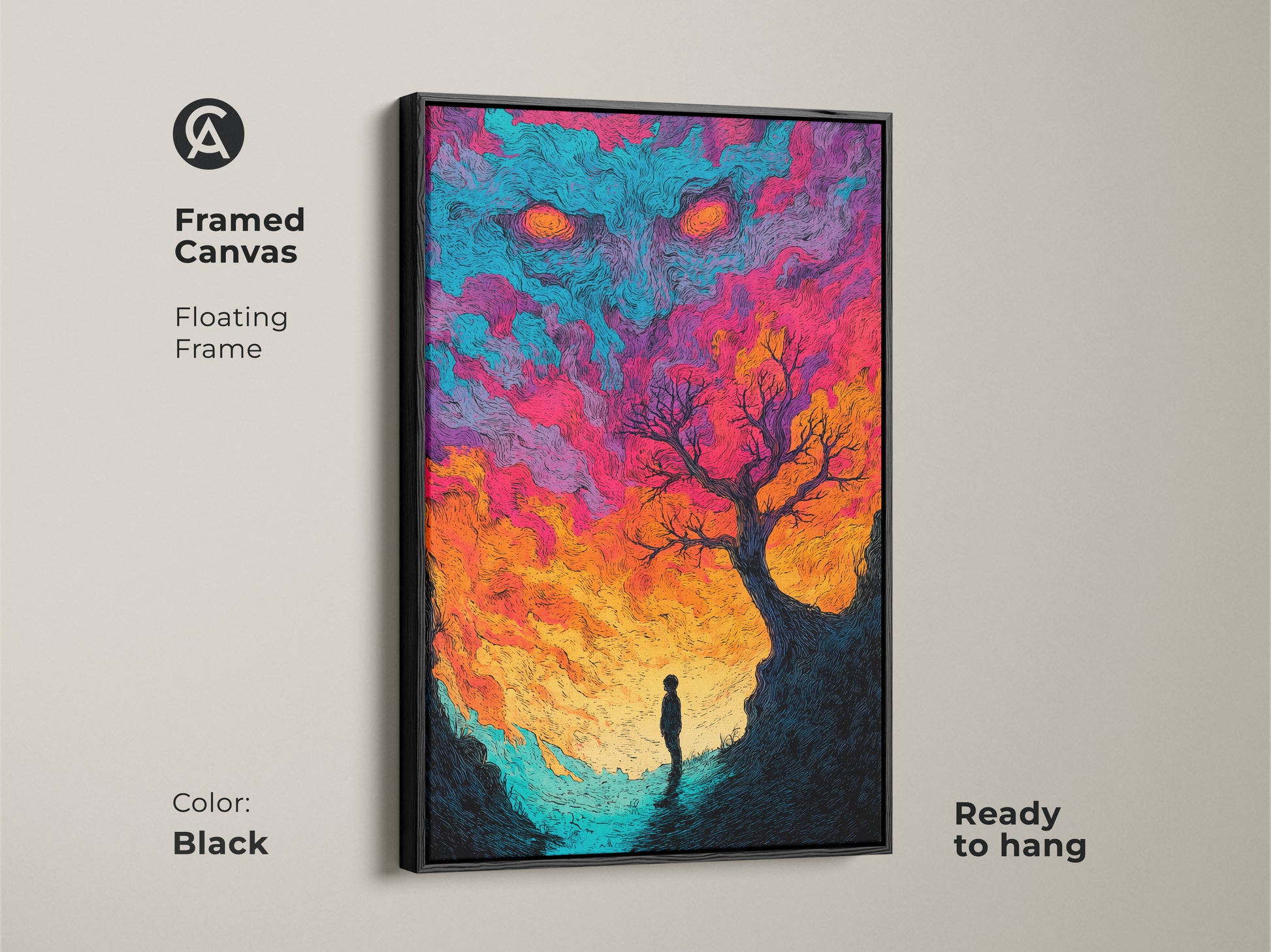 A framed canvas presents a surreal scene. A lone figure stands beneath a tree. A monster looms in the colorful sky above. The floating frame enhances the artwork's presence. This ready-to-hang piece will transform any room. The black frame adds sophistication.
