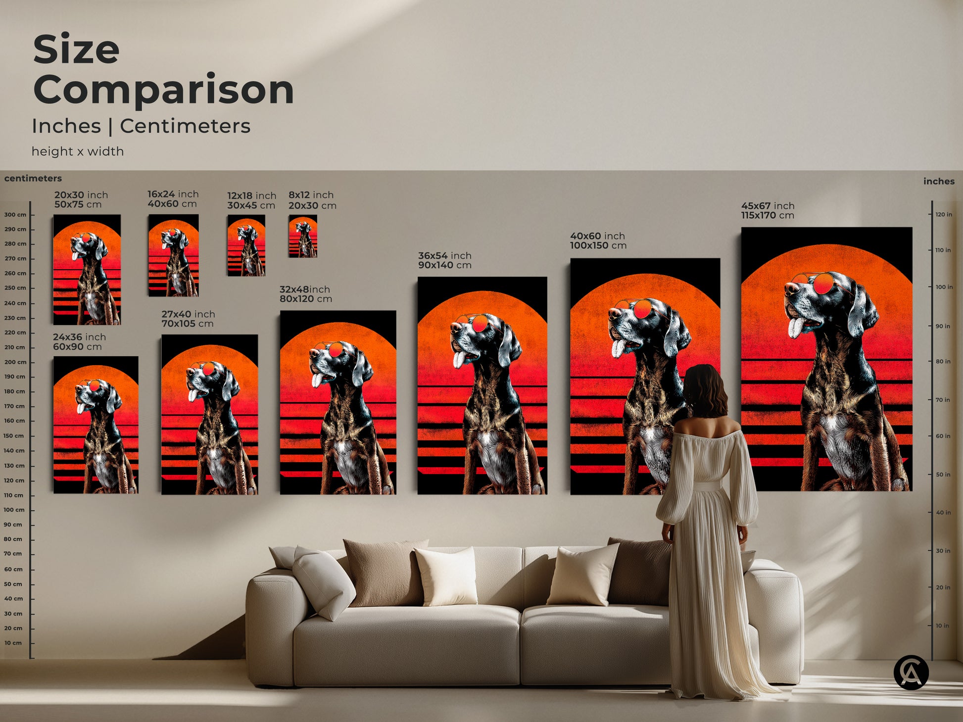 Size comparison of retro pop art dog prints. The wall art is shown in inches and centimeters. See the canvas and poster options against furniture. It helps visualize the impact of the dog art in a living space. This quirky wall art makes a statement.