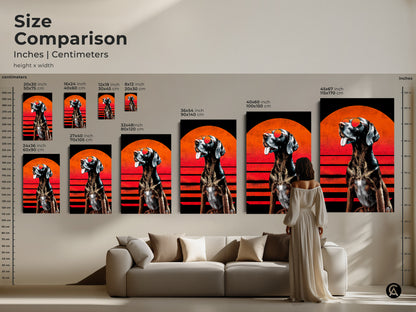 Size comparison of retro pop art dog prints. The wall art is shown in inches and centimeters. See the canvas and poster options against furniture. It helps visualize the impact of the dog art in a living space. This quirky wall art makes a statement.