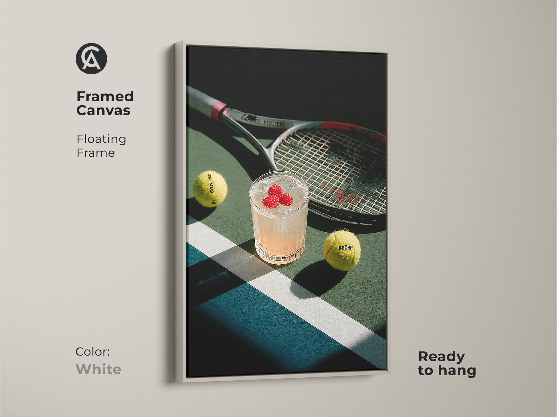 Framed canvas art with a floating frame in white. The artwork includes a tennis court cocktail tennis balls and racket. This framed piece is ready to hang and complements any modern interior aesthetic.