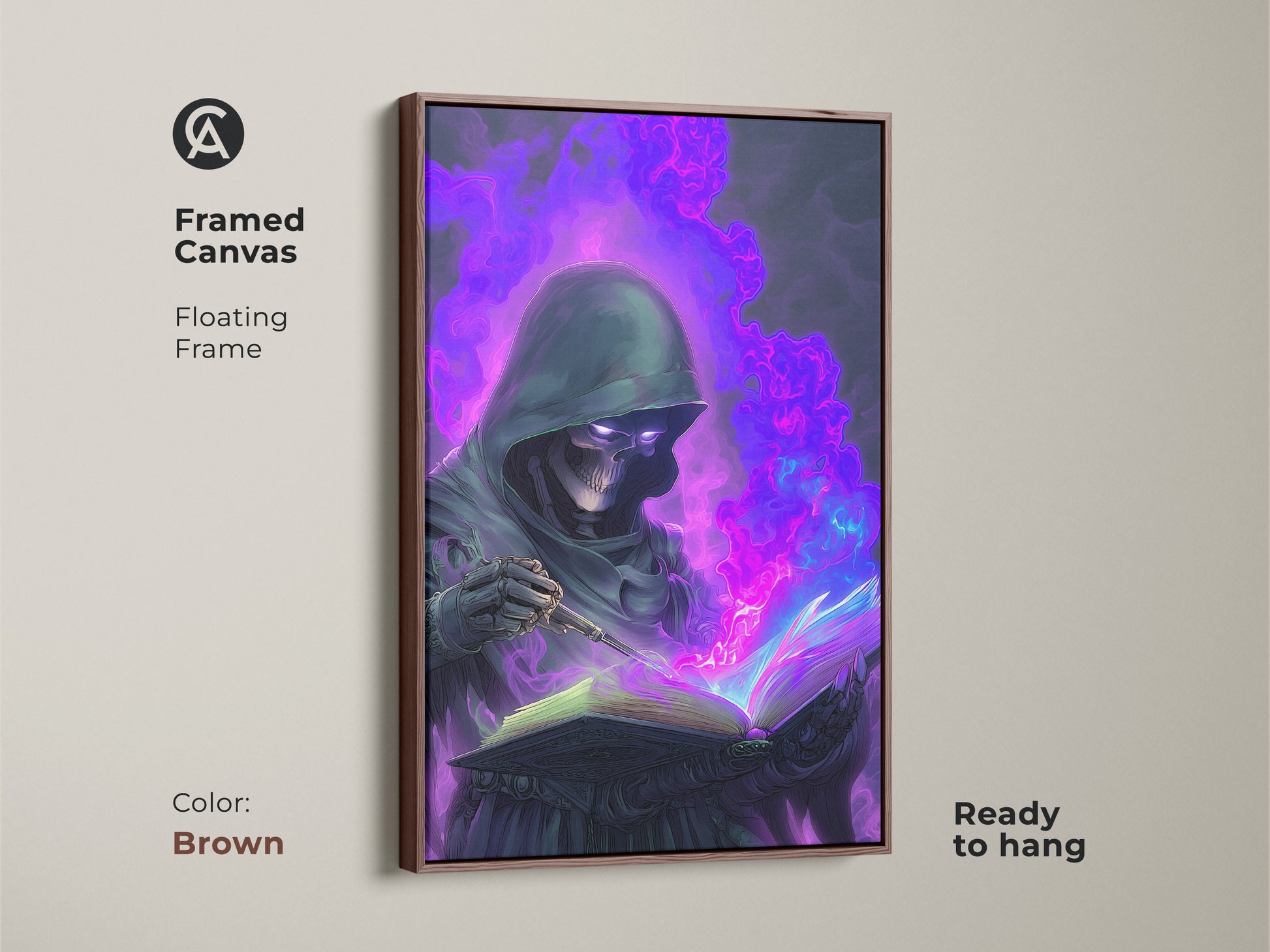 Framed Canvas of a Skeleton Mage engrossed in a Spellbook. The frame color is brown. The artwork is Gothic Spellbook Wall Art. Dark Fantasy Art Print with Purple and Blue Magic Decor.