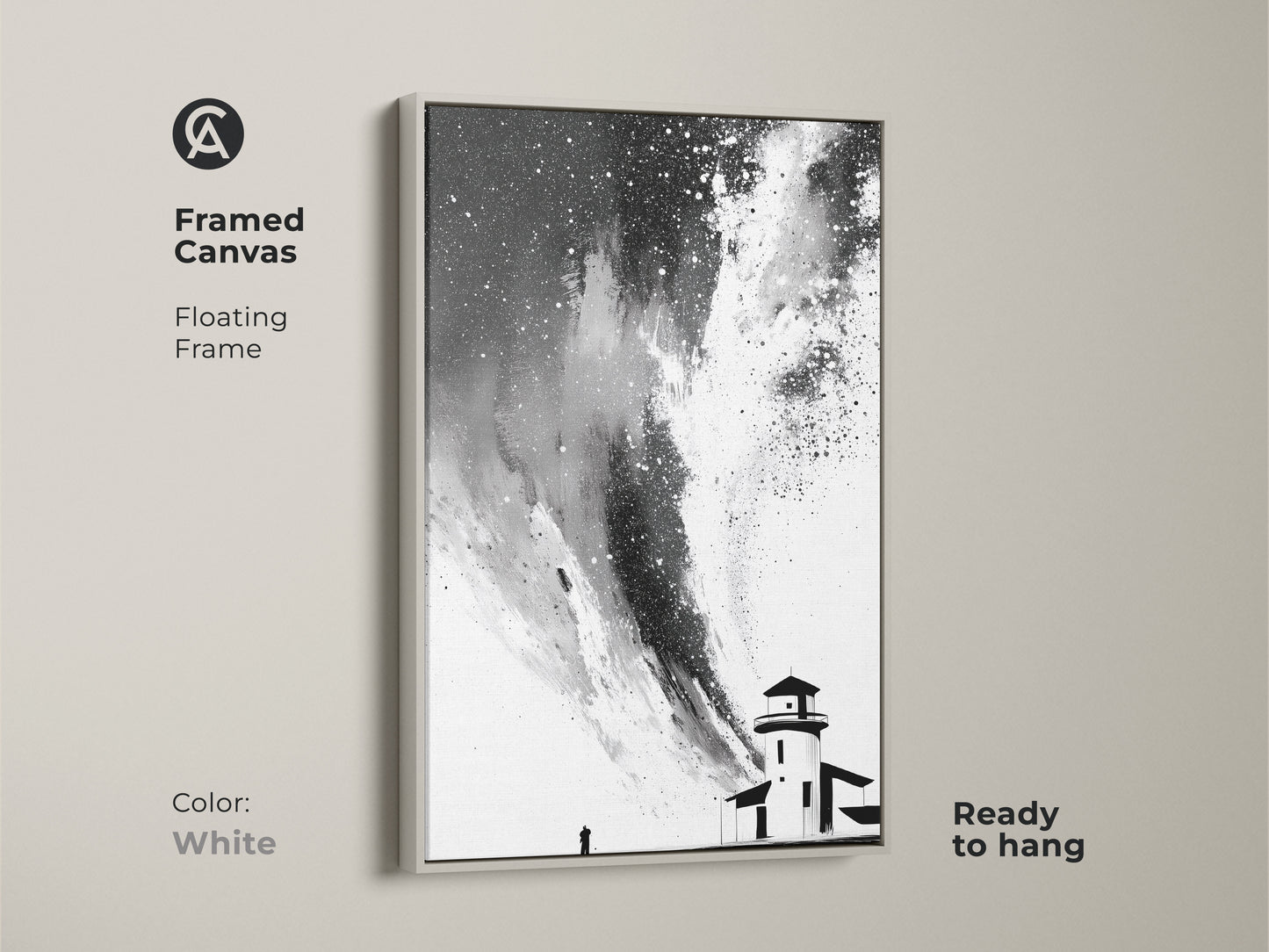 Framed canvas print featuring black white abstract lighthouse artwork. Floating frame in white enhances the monochrome wall art print. This minimalist starry sky canvas is ready to hang. The artwork is perfect as coastal minimalist decor.