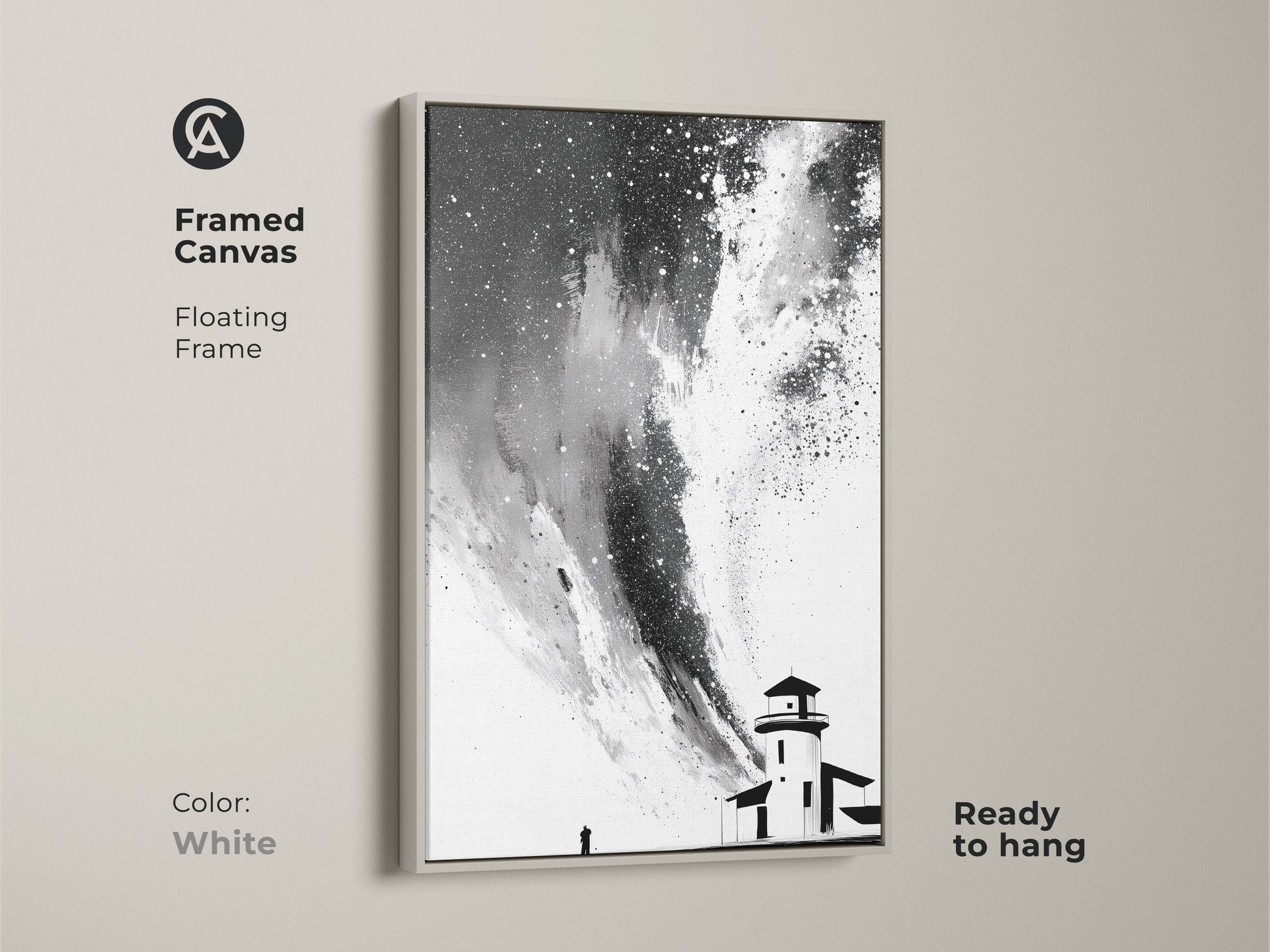 Framed canvas print featuring black white abstract lighthouse artwork. Floating frame in white enhances the monochrome wall art print. This minimalist starry sky canvas is ready to hang. The artwork is perfect as coastal minimalist decor.