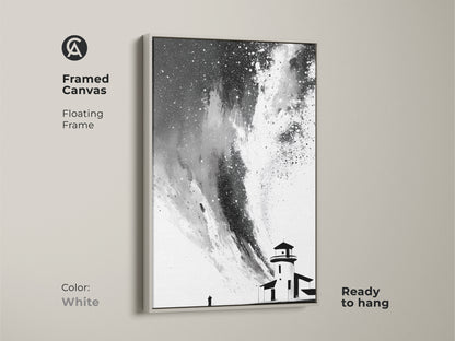 Framed canvas print featuring black white abstract lighthouse artwork. Floating frame in white enhances the monochrome wall art print. This minimalist starry sky canvas is ready to hang. The artwork is perfect as coastal minimalist decor.