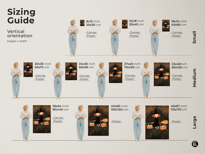 Sizing guide for witch on broomstick art prints. See the artwork in various sizes from small to large. Visualize how each size fits in a living space with this vertical orientation guide. Perfect for planning your fantasy themed home decor