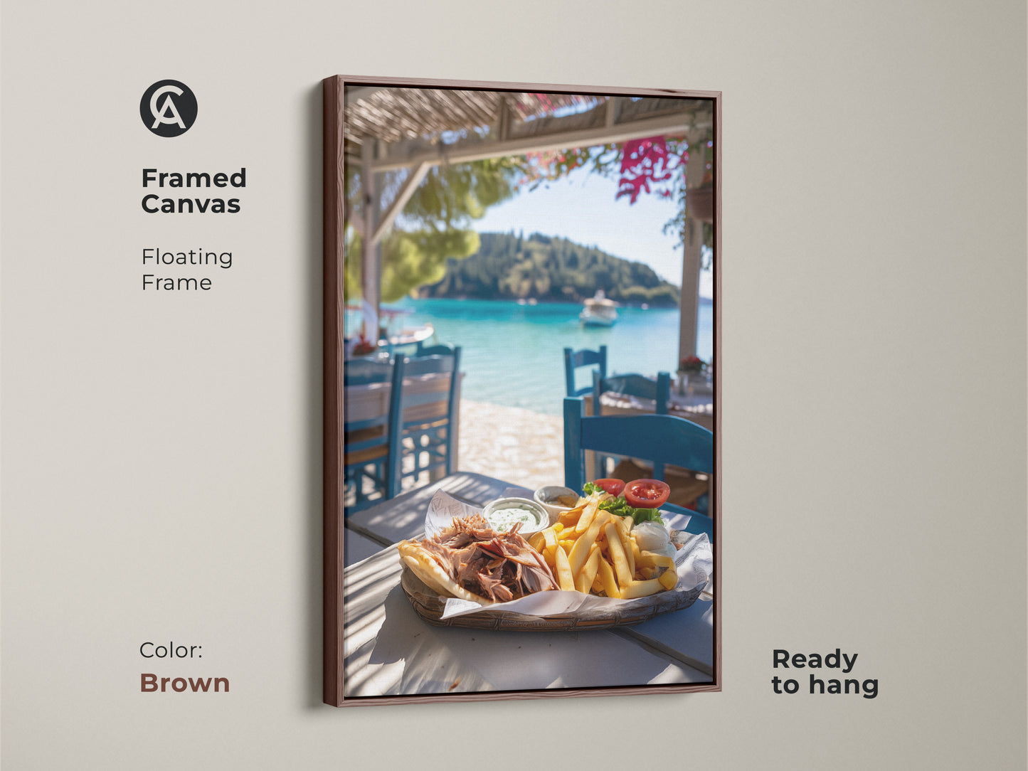 Framed canvas art featuring a Greek gyros and turquoise seascape. The floating frame has a brown finish and is ready to hang. This piece is perfect as blue white wall art or vacation themed art.
