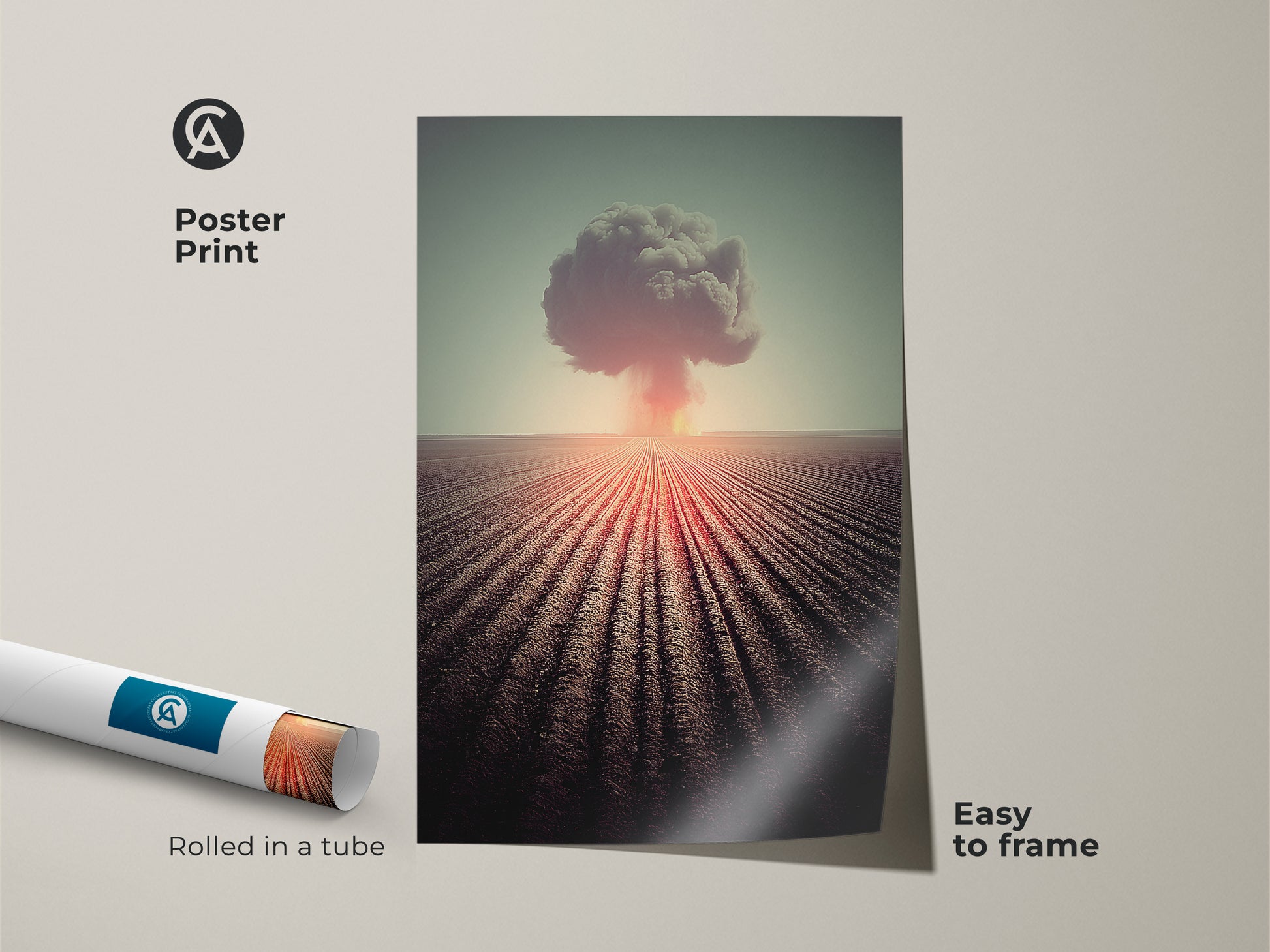 This poster print shows surreal nuclear explosion artwork. It's rolled in a tube for easy framing. The art evokes an industrial aesthetic with orange red and teal tones. The print makes unique wall decor for any space. It's an exceptional gift for history buffs and those who appreciate unconventional art.