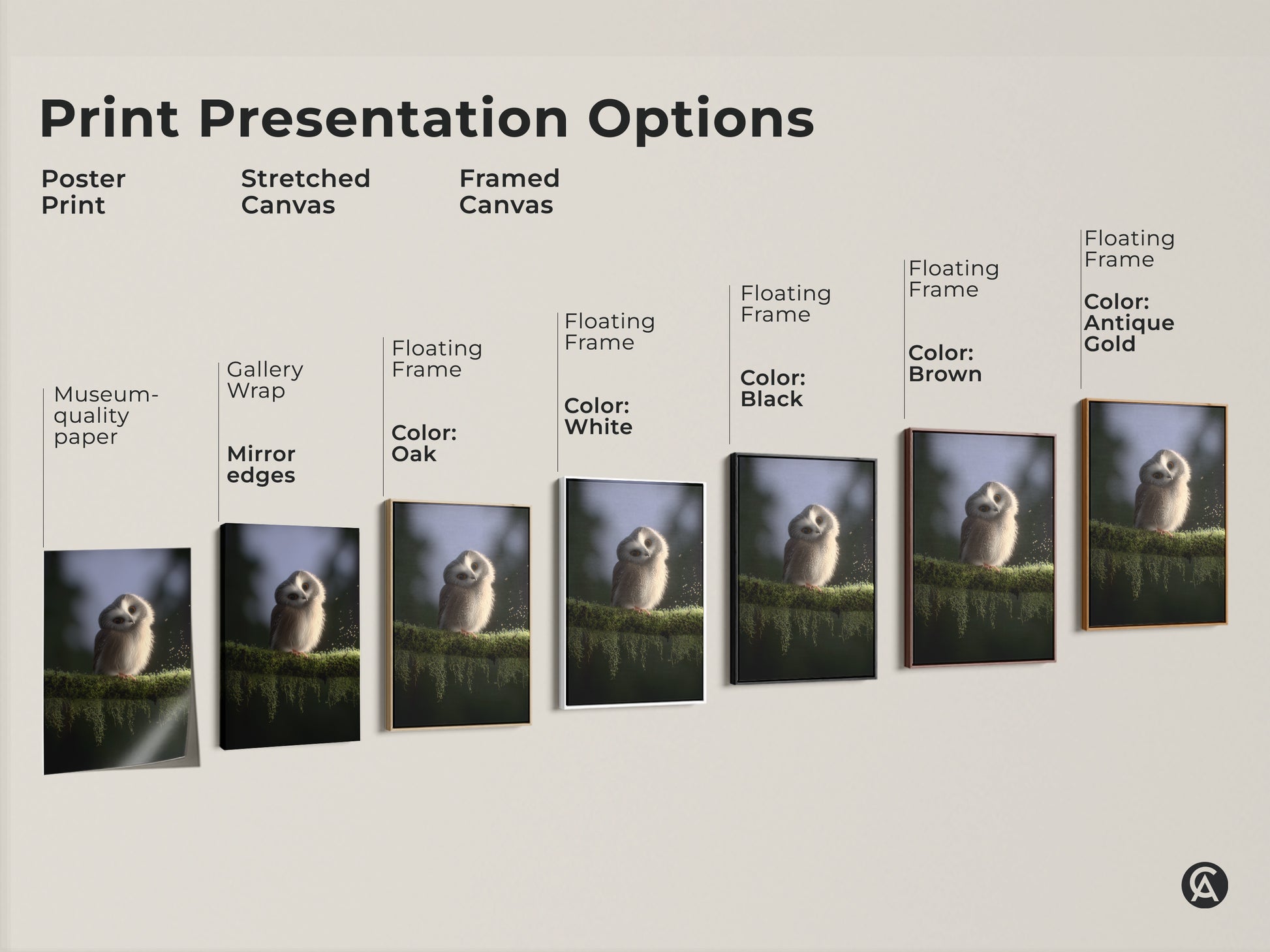 Explore print presentation options for baby owl art. Choose from poster prints stretched canvas or framed canvas. Museum-quality paper and mirror edges enhance the cute woodland nursery decor. Select floating frames in various colors.
