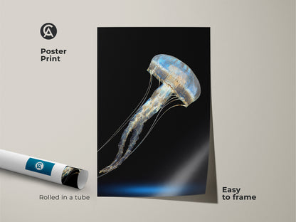 Poster print of a blue gold jellyfish. This minimalist ocean art is easy to frame. Rolled in a tube this abstract marine life print is great wall decor. Enhance your space with this fine art ocean print today.