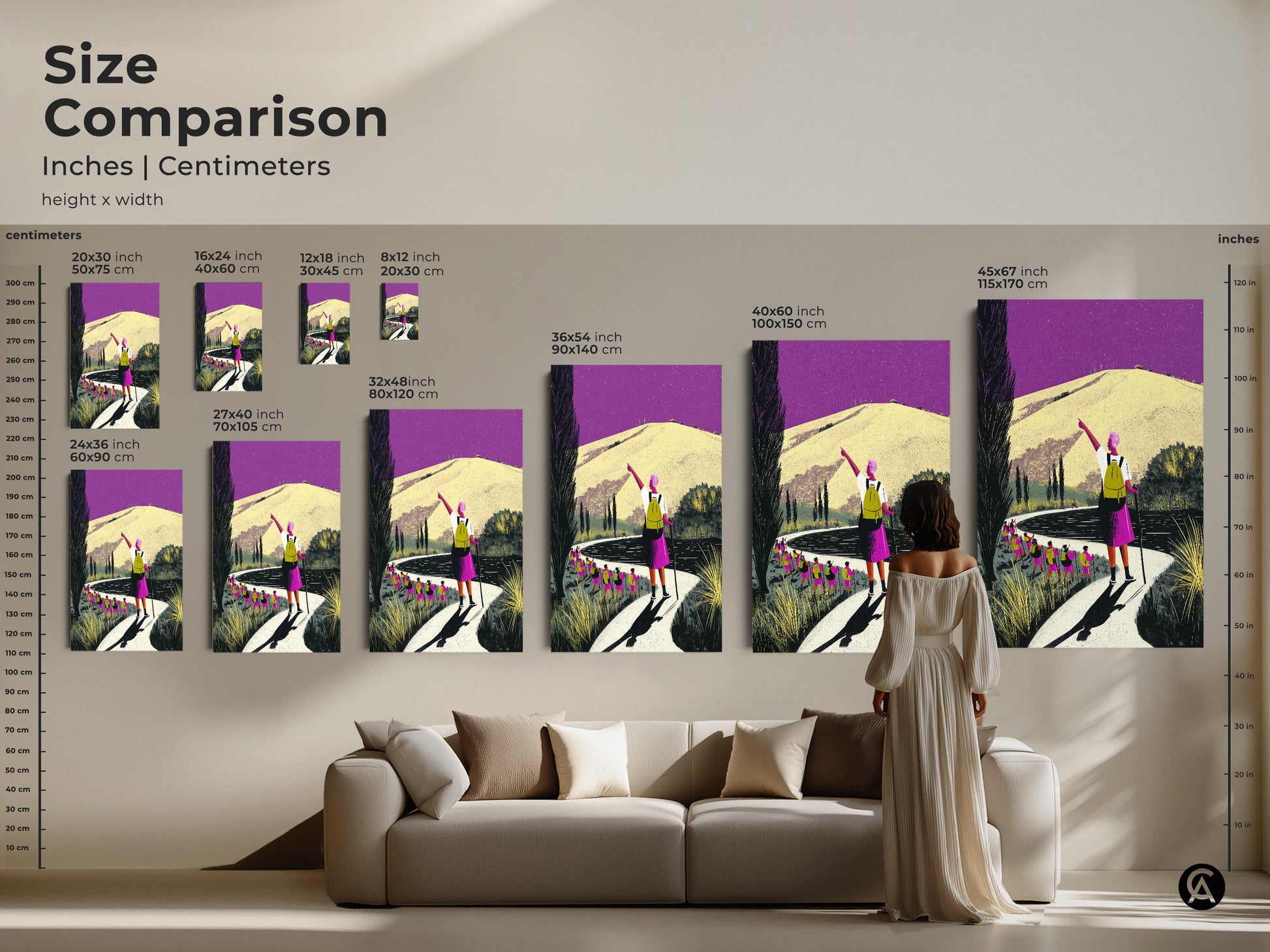 Size comparison of hiking art prints in inches and centimeters. Visualize how different sizes of this mountain path canvas print will look. This boho home decor art is perfect for creating a wanderlust-inspired gallery wall. Find your ideal travel scenic art print.