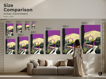 Size comparison of hiking art prints in inches and centimeters. Visualize how different sizes of this mountain path canvas print will look. This boho home decor art is perfect for creating a wanderlust-inspired gallery wall. Find your ideal travel scenic art print.