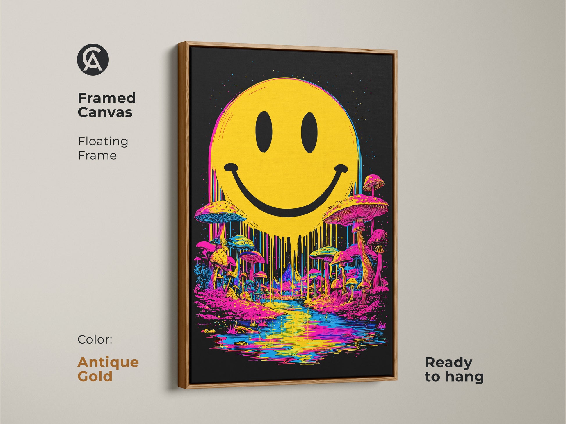 Framed smiley face canvas art with an antique gold floating frame. This wall art features a yellow smiley face above a vivid landscape with mushrooms and a river. The antique gold frame adds a touch of elegance. It is ready to hang and enhances any room's aesthetic