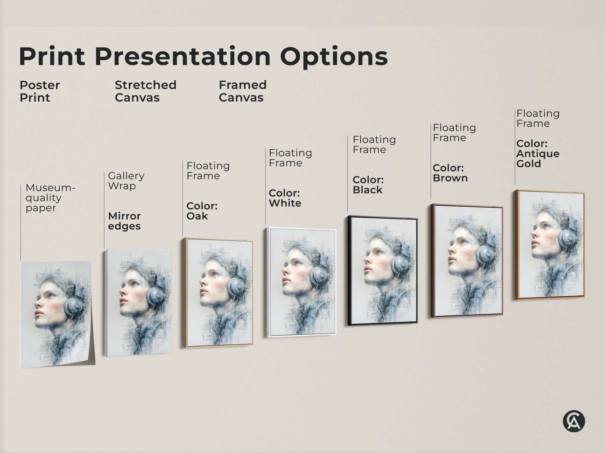 Print presentation options for a woman with headphones artwork. Choose from poster prints stretched canvas or framed canvas. Select the perfect style to match your decor needs. Explore our art presentation options today.