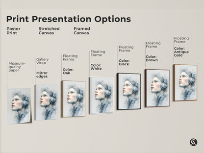 Print presentation options for a woman with headphones artwork. Choose from poster prints stretched canvas or framed canvas. Select the perfect style to match your decor needs. Explore our art presentation options today.