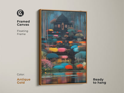 Antique gold framed canvas showcasing a lush temple garden. This colorful fantasy landscape brings an exotic touch to any room. It's ready to hang and is a thoughtful housewarming gift for those who love travel themed decor.